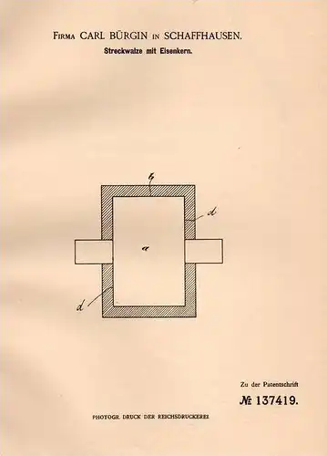 Original Patentschrift - Fa. C. Bürgin in Schaffhausen , 1902 , Streckwalze mit Eisenkern , Spinnmaschine , Spinnerei !!