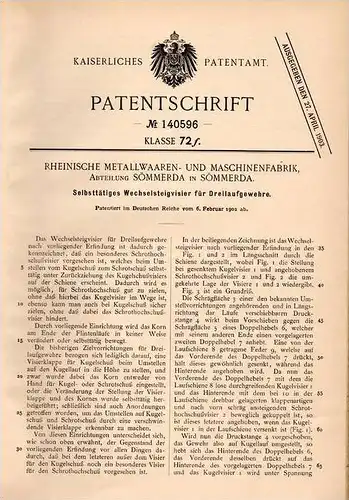 Original Patentschrift - Metallfabrik in Sömmerda , 1902 , Visier für Gewehr , Dreilaufgewehr , Flinte , Jagd !!!