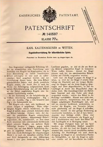 Original Patentschrift - K. Kaltenhäuser in Witten , 1902 , Kugelstoßapparat für Billiard !!!