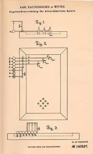 Original Patentschrift - K. Kaltenhäuser in Witten , 1902 , Kugelstoßapparat für Billiard !!!