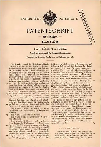 Original Patentschrift - Carl Rübsam in Fulda , 1901 , Kerzen - Gießmaschine , Kerze , Docht , Wachs !!!