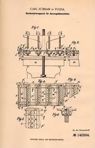 Original Patentschrift - Carl Rübsam in Fulda , 1901 , Kerzen - Gießmaschine , Kerze , Docht , Wachs !!!