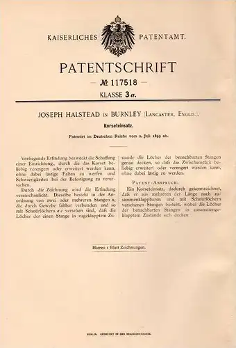 Original Patentschrift - J. Halstead in Burnley , Lancaster , 1899 , Korsett , Corsage !!!