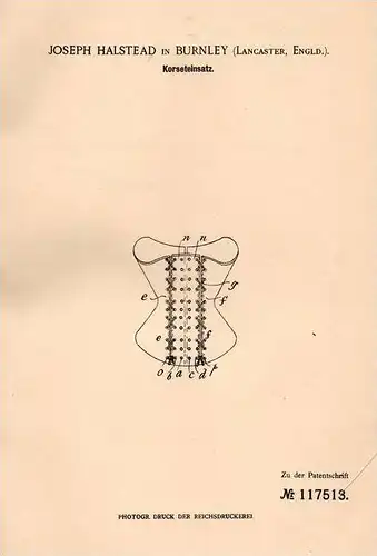 Original Patentschrift - J. Halstead in Burnley , Lancaster , 1899 , Korsett , Corsage !!!