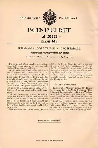 Original Patentschrift - H. Cramer in Gross - Tabarz , Grosstabarz , 1902 , Alarmapparat , Alarmanlage !!!