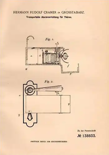 Original Patentschrift - H. Cramer in Gross - Tabarz , Grosstabarz , 1902 , Alarmapparat , Alarmanlage !!!