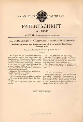 Original Patentschrift - Fa. Otto Zerver in Westhausen b. Remscheid - Reinshagen , 1899 , Gesenke für Schmiedepresse !!!