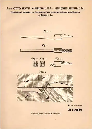 Original Patentschrift - Fa. Otto Zerver in Westhausen b. Remscheid - Reinshagen , 1899 , Gesenke für Schmiedepresse !!!