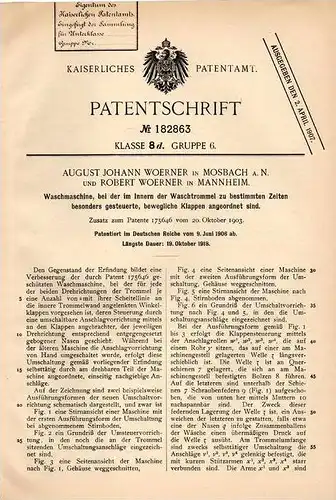Original Patentschrift - A. Woerner in Mosbach a. Neckar , 1906 , Waschmaschine , Wäscherei !!!