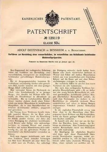 Original Patentschrift - A. Diefenbach in Bensheim a.d. Bergstrasse , 1901 , Bluteiweißpräparat - Herstellung , Blut !!!