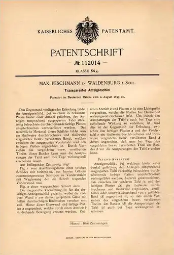 Original Patentschrift - Max Peschmann in Waldenburg i. Schl., 1899 , Anzeigenschild , Reklame , Walbrzych !!!