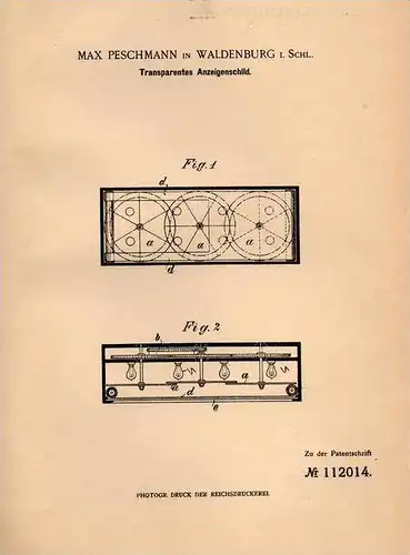 Original Patentschrift - Max Peschmann in Waldenburg i. Schl., 1899 , Anzeigenschild , Reklame , Walbrzych !!!