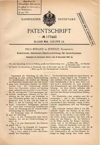 Original Patentschrift - Paul Bénard in Epernay , 1905 , Glühdraht - Zünder für Invertbrenner !!!