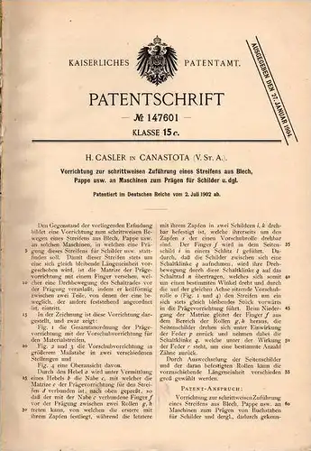 Original Patentschrift - H. Casler in Canastota , USA , 1902 , Apparat für Prägemaschinen für Schilder !!!