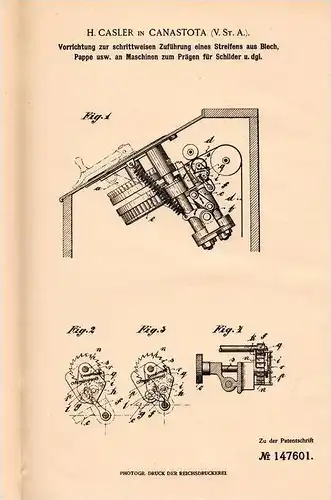 Original Patentschrift - H. Casler in Canastota , USA , 1902 , Apparat für Prägemaschinen für Schilder !!!