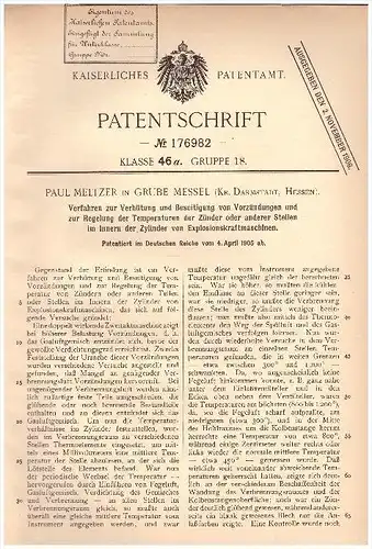 Original Patentschrift - P. Meltzer in Grube Messel , Kr. Darmstadt ,1905, Verhütung von Vorzündung bei Motoren , Zeche
