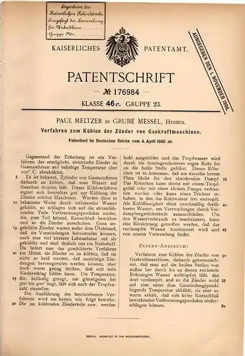 Original Patentschrift - Paul Meltzer in Grube Messel , Hessen , 1905 , Kühlen der Zünder von Gaskraftmaschinen , Zeche