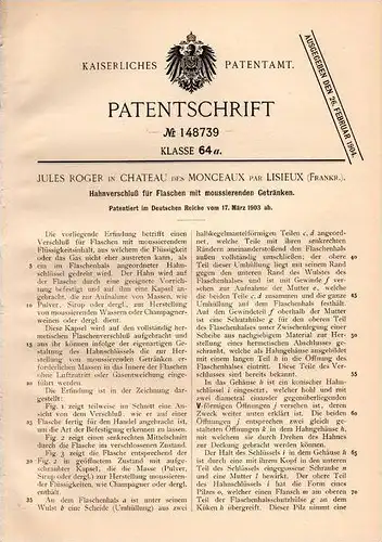 Original Patentschrift - J. Roger in Chateau à Monceaux par Lisieux , 1903 , Closure for bottles of champagne !!!