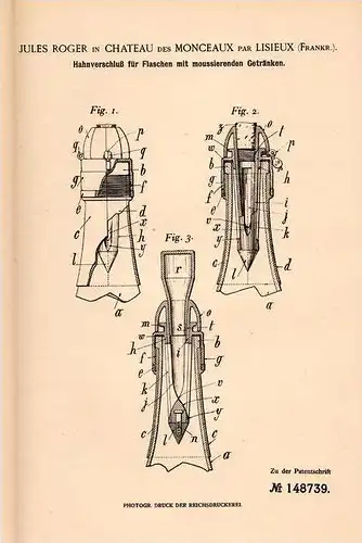 Original Patentschrift - J. Roger in Chateau à Monceaux par Lisieux , 1903 , Closure for bottles of champagne !!!