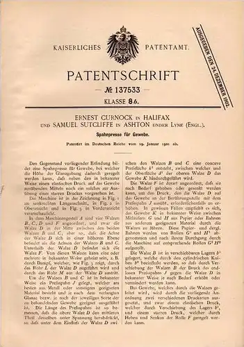 Original Patentschrift - S. Sutcliffe in Ashton under Lyne und Halifax , 1901 , Spahnpresse für Gewebe !!!