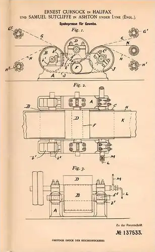 Original Patentschrift - S. Sutcliffe in Ashton under Lyne und Halifax , 1901 , Spahnpresse für Gewebe !!!