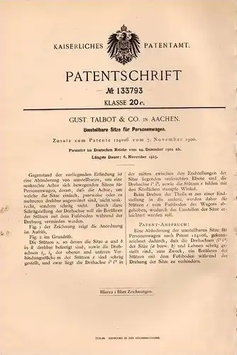 Original Patentschrift - Gust. Talbot in Aachen , 1901 , Sitze für Personenwagen , Automobile !!!
