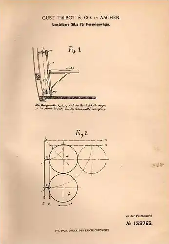 Original Patentschrift - Gust. Talbot in Aachen , 1901 , Sitze für Personenwagen , Automobile !!!