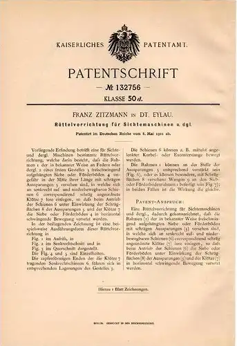 Original Patentschrift - F. Zitzmann in Deutsch Eylau / I&#322;awa , 1901 , Rüttelvorrichtung für Sichtemaschinen !!!