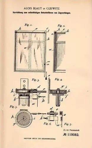 Original Patentschrift - A. Blaut in Gleiwitz , 1900 , Vorhang , Gardine !!!