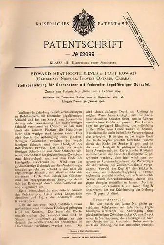 Original Patentschrift - E. Jeeves in Port Rowan , Canada , 1891 , Rohrkratzer mit Schaufel !!!
