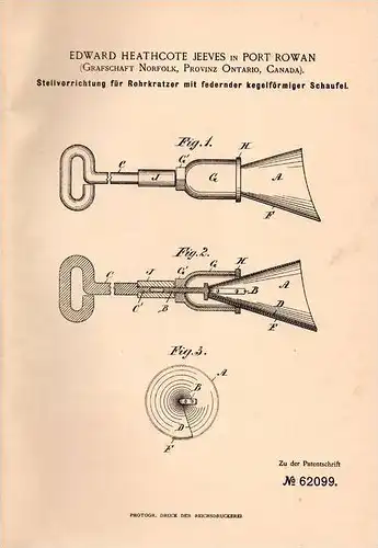 Original Patentschrift - E. Jeeves in Port Rowan , Canada , 1891 , Rohrkratzer mit Schaufel !!!