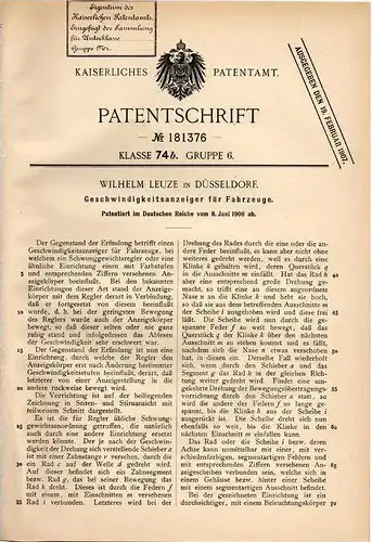 Original Patentschrift - Tachometer , Tacho , 1906 , W. Leuze in Düsseldorf , Geschwindigkeitsanzeiger , Automobile !!!