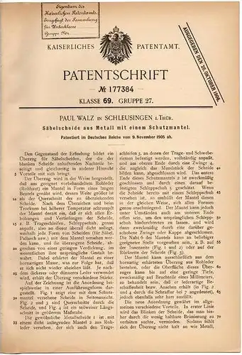 Original Patentschrift - P. Walz in Schleusingen i. Thüringen , 1905 , Scheide für Säbel , Degen !!!