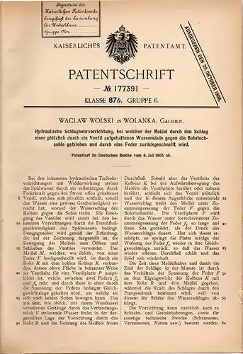 Original Patentschrift - W. Wolski in Wolanka , 1905 , hydraulischer Schlagbohrer , Tiefenbohrer , Erdbohrer !!!