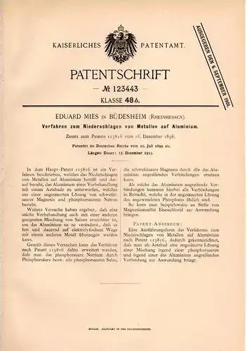 Original Patentschrift - E. Mies in Büdesheim , Rheinhessen , 1899 , Niederschlagen von Metall auf Aluminium , Prüm !!!