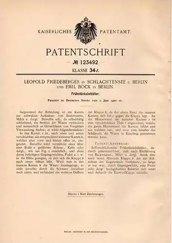 Original Patentschrift - E. Bock in Schlachtensee b. Berlin , 1900 , Behälter für Frühstück , Mahlzeit !!!
