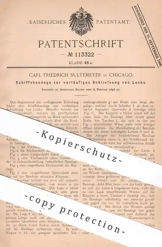original Patent - Carl Friedrich Sultemeyer , Chicago , USA , 1898 , Schiffsbandage zur Schließung von Lecks | Schiff