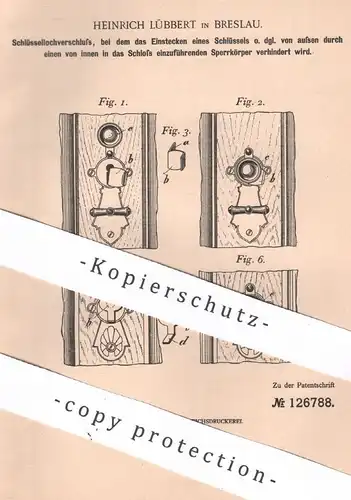 original Patent - Heinrich Lübbert , Breslau , 1901 , Schlüssellochverschluss | Türschloss , Schloss , Schlosserei !!!