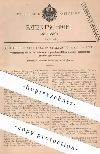 original Patent - Deutsches Luxfer Prismen Syndikat GmbH Berlin , 1897 , Prismenscheibe mit parallelen Prismen | Prisma