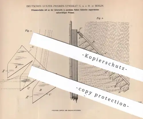 original Patent - Deutsches Luxfer Prismen Syndikat GmbH Berlin , 1897 , Prismenscheibe mit parallelen Prismen | Prisma