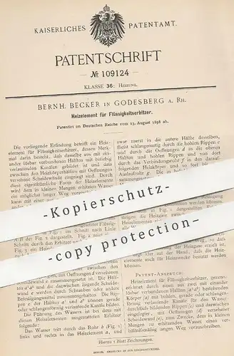 original Patent - Bernh. Becker , Godesberg a. Rh. , 1898 , Heizelement für Flüssigkeitserhitzer | Heizung , Heizer !!