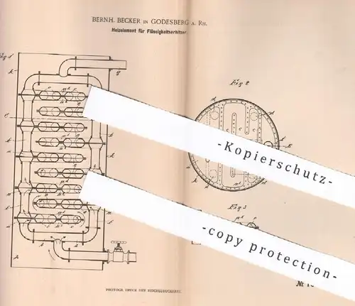 original Patent - Bernh. Becker , Godesberg a. Rh. , 1898 , Heizelement für Flüssigkeitserhitzer | Heizung , Heizer !!