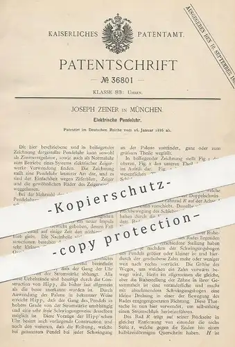 original Patent - Joseph Zeiner , München , 1886 , Elektrische Pendeluhr | Uhr , Uhren , Uhrwerk , Uhrmacher !!