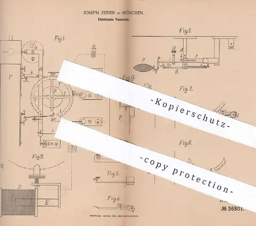 original Patent - Joseph Zeiner , München , 1886 , Elektrische Pendeluhr | Uhr , Uhren , Uhrwerk , Uhrmacher !!