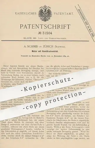 original Patent - A. Schmid , Zürich , Schweiz | Motor mit Handdruckantrieb | Werkzeug für Arzt , Uhrmacher , Optiker