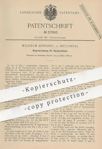 original Patent - Wilhelm Henning , Bruchsal , 1886 , Blockvorrichtung für Signalstellhebel | Eisenbahn Stellwerk Signal
