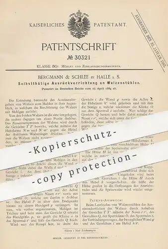 original Patent - Bergmann & Schlee , Halle / Saale 1884 , Ausrücker am Walzenstuhl | Mühle , Mühlen , Getreide , Müller