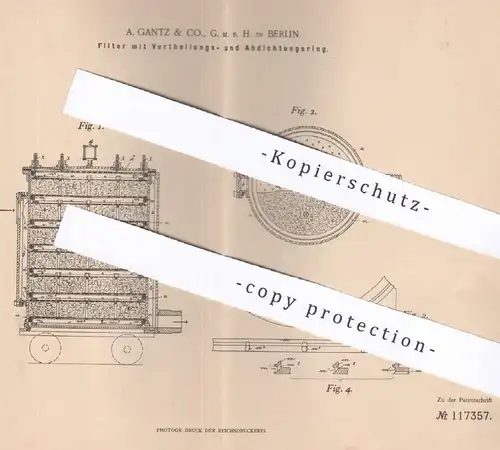 original Patent - A. Gantz & Co. GmbH , Berlin , 1898 , Filter mit Dichtungsring | Filtern , Filtrieren , Trommel , Sieb