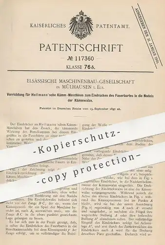 original Patent - Elsässische Maschinenbau Gesellschaft , Mülhausen , Elsass , 1897 , Heilmann' sche Kämm-Maschinen !!