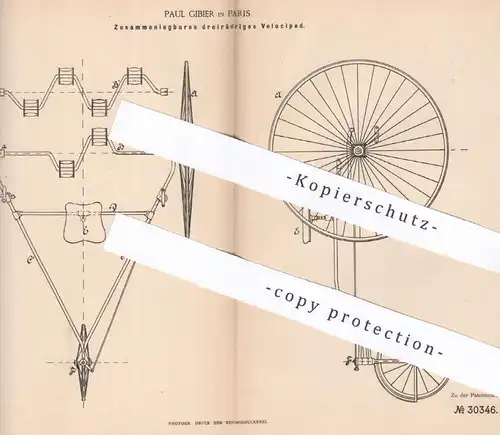original Patent - Paul Gibier , Paris , Frankreich , 1884 , Zusammenlegbares dreirädriges Velociped | Dreirad , Fahrrad